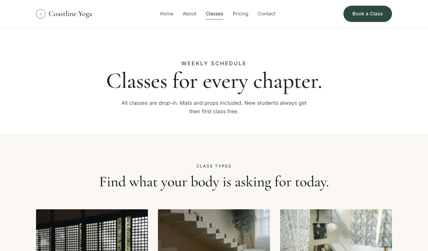 Coastline Yoga Studio class schedule page